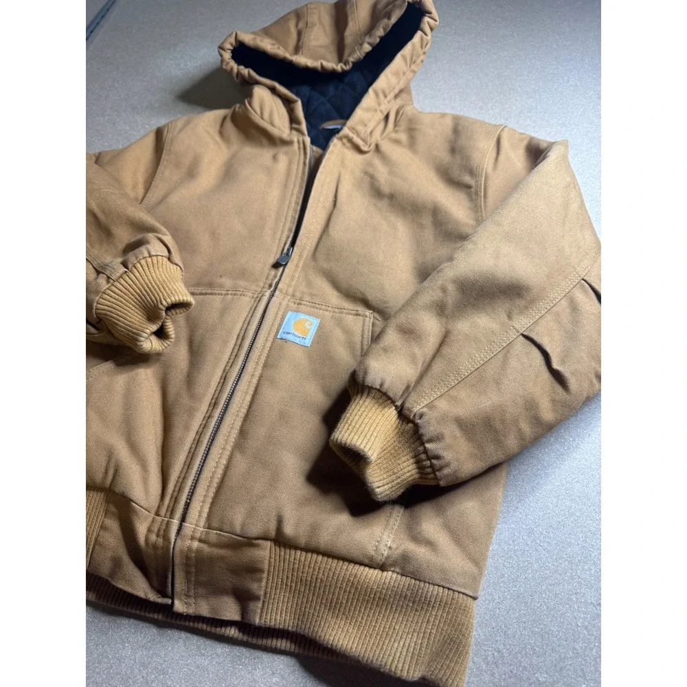 Carhartt Kids Active Jacket Brown Cotton Duck Quilted Lined Hooded M 10-12 Coat